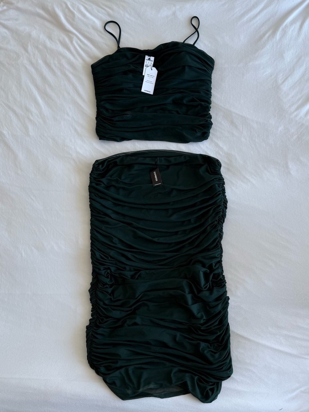 Express Two-Piece Ruched Tank Top & Skirt Set in Dark Green